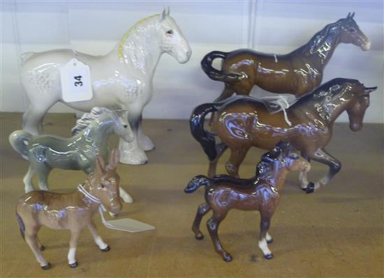 3 Beswick horses, inc dapple grey Shire, gloss bay swish tail , stocky jogging mare & foal, Beswick donkey foal & another pony model